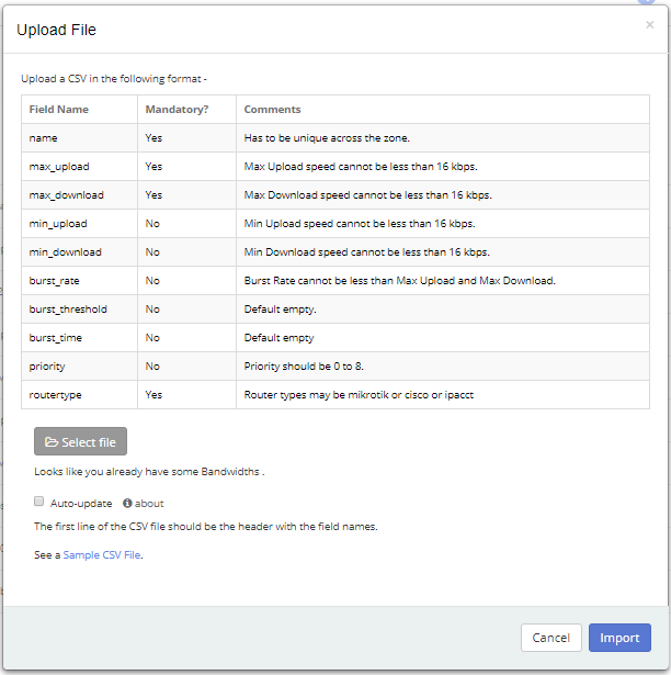 Import-export bandwidth template