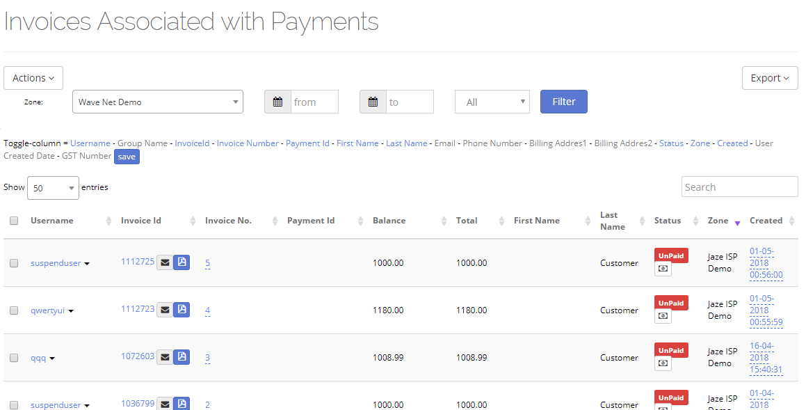 Invoice ssociated with payments